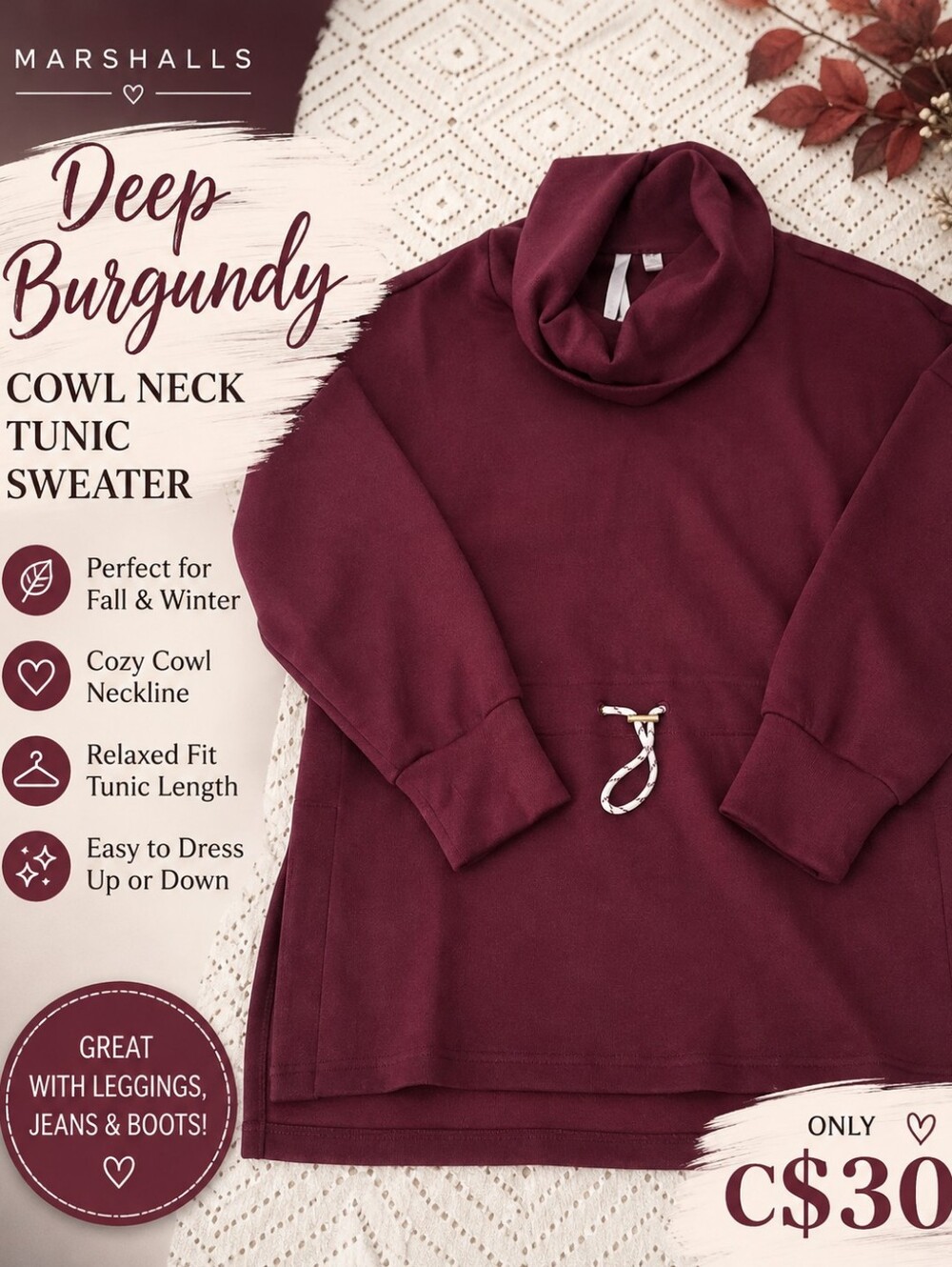 Burgundy Cowl Neck Tunic Sweater | Cozy Fall Winter Top
